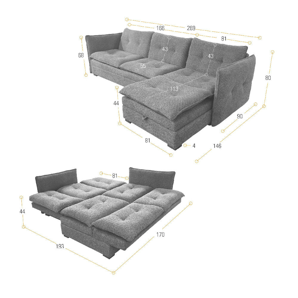 Sofa Cama en L Napoles 269x146x80 Con Baul Izquierdo Tapizado Trigo