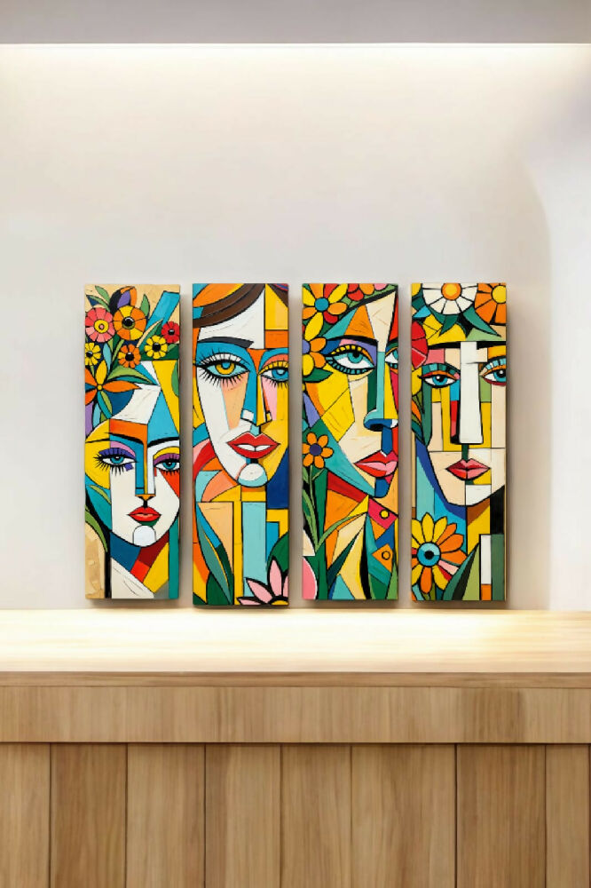 Lienzos Cuadros Rostros en Armonía Estilo Cubista Set X 4 de 60x18CM