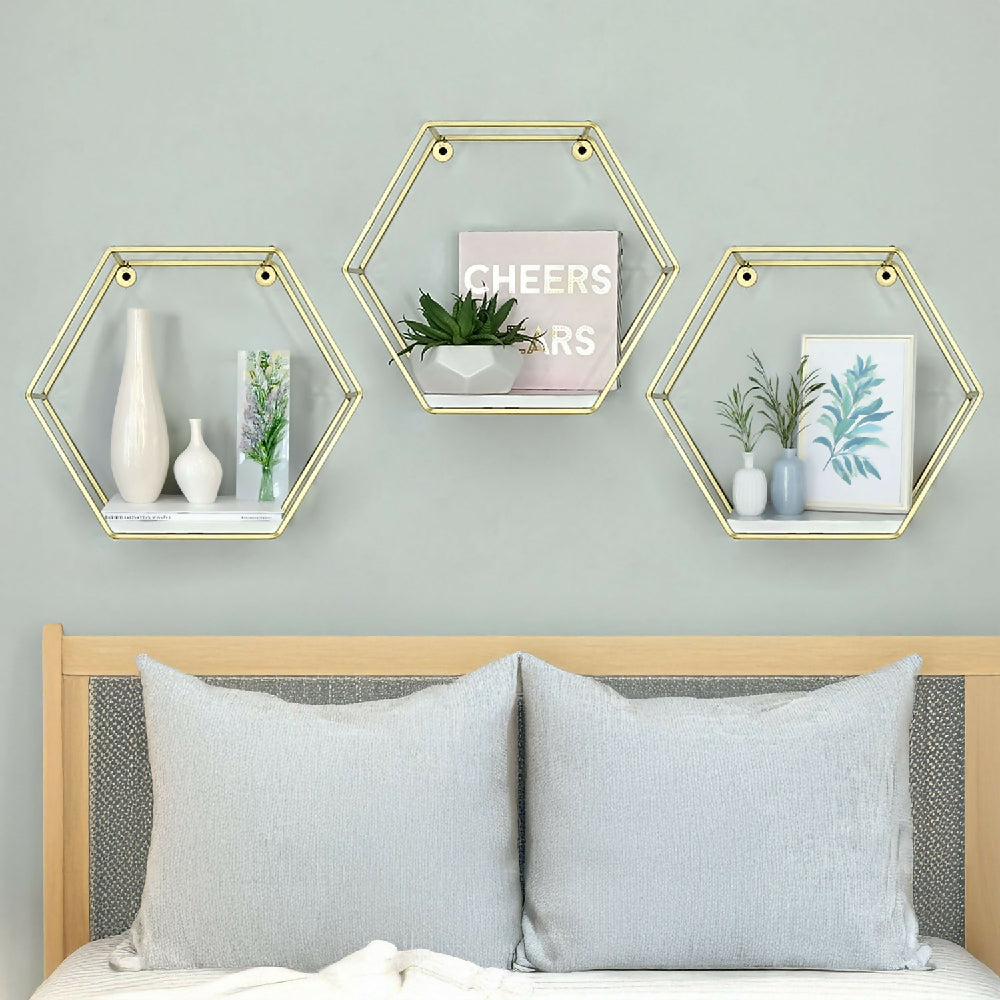 Repisa Hexágono Metal, Dorado+ Blanco