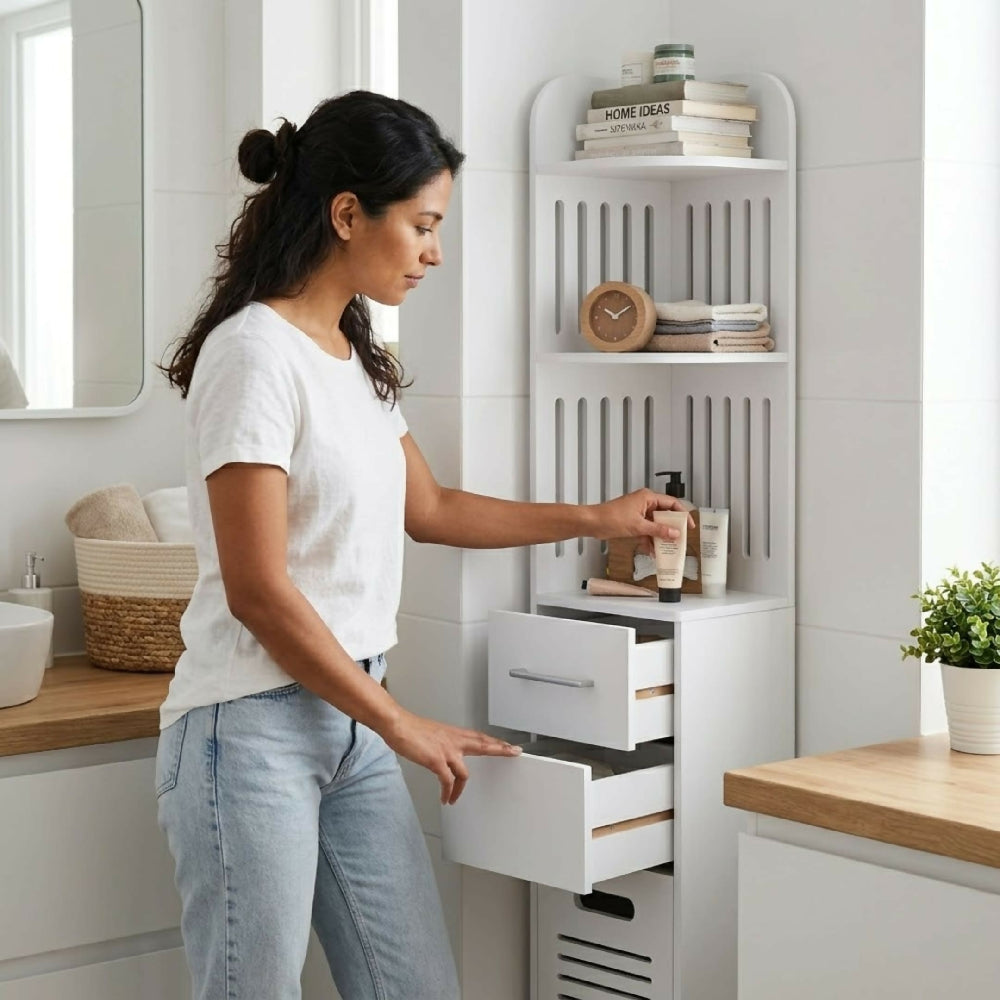 Organizador De Baño Vertical 120 Cm Con Estantes Y Cajón Mueble Slim Multifuncional Para Espacios Pequeños Color Blanco