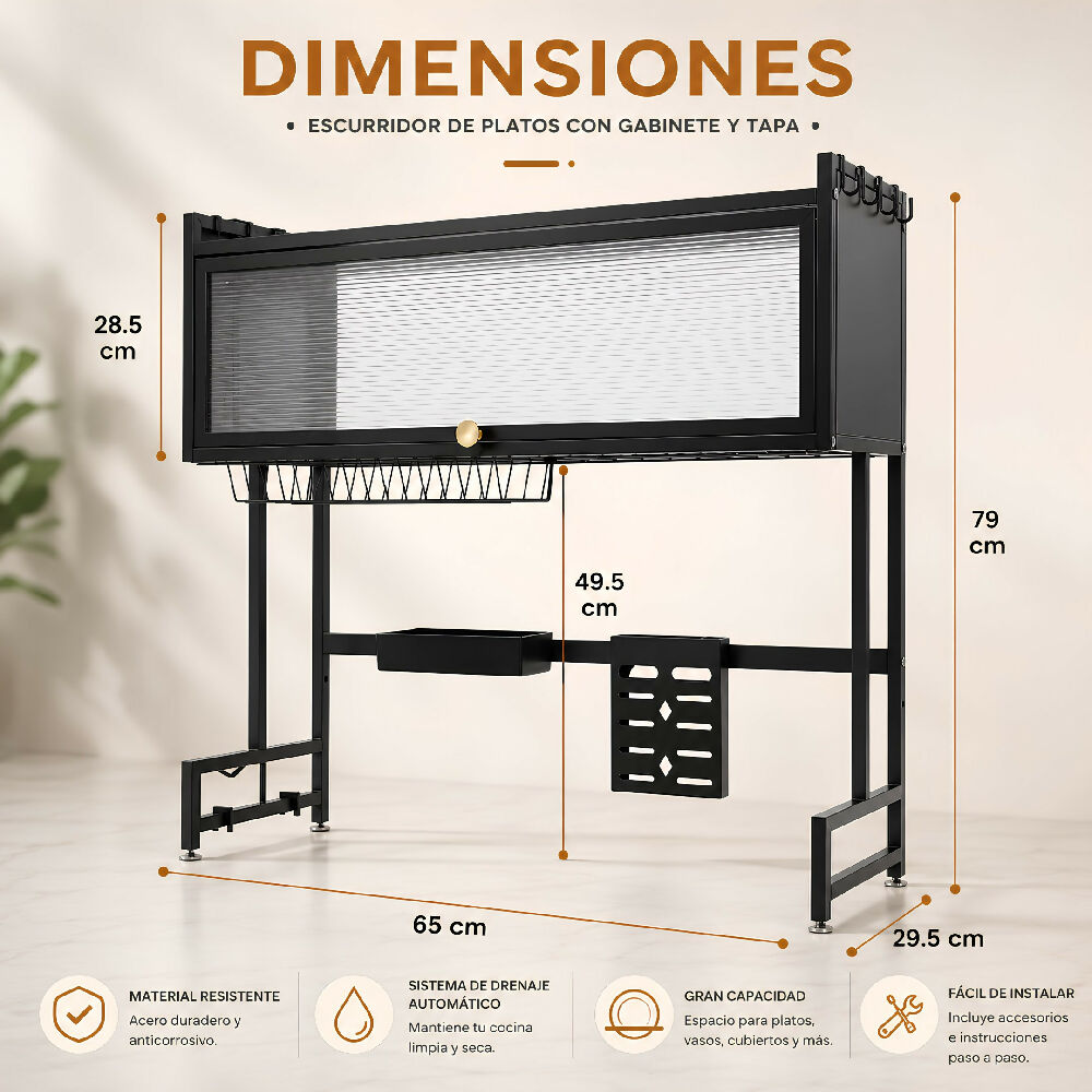 Escurridor De Platos Con Gabinete Y Tapa De 65 Cm Organizador De Loza