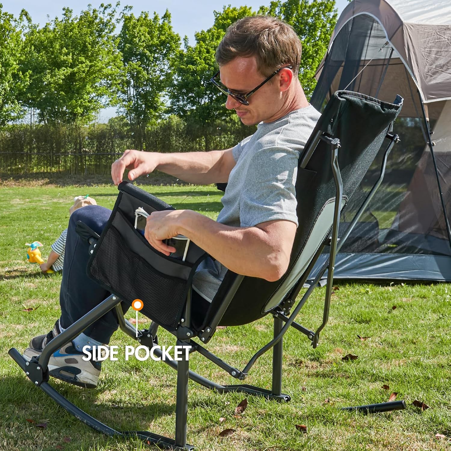 Portal - Silla mecedora plegable de gran tamaño para camping, respaldo alto,...