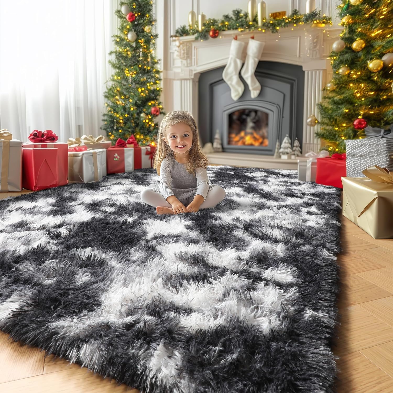 Amdrebio Alfombra de área negra, blanca y gris para dormitorio, alfombra...