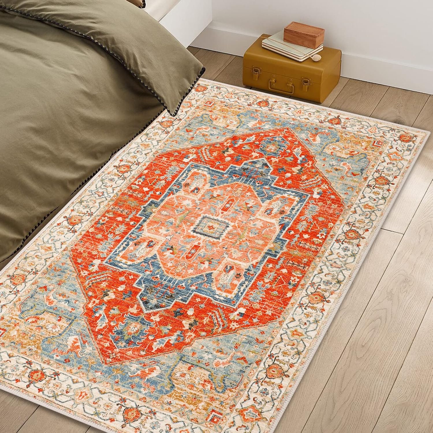 Alfombra bohemia de 3 x 5 pies, lavable, vintage, para interiores, con...