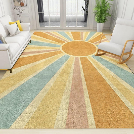 Alfombra bohemia con diseño de arco iris, geométrica retro de mediados de...
