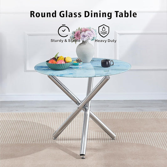 Mesa de comedor redonda de vidrio con parte superior de vidrio de mármol blanco