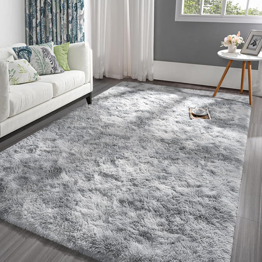 Pettop Alfombra mullida de teñido anudado gris claro para dormitorio, sala de...