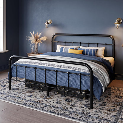 Base de cama de metal tamaño Queen con cabecera curvada de hierro forjado,