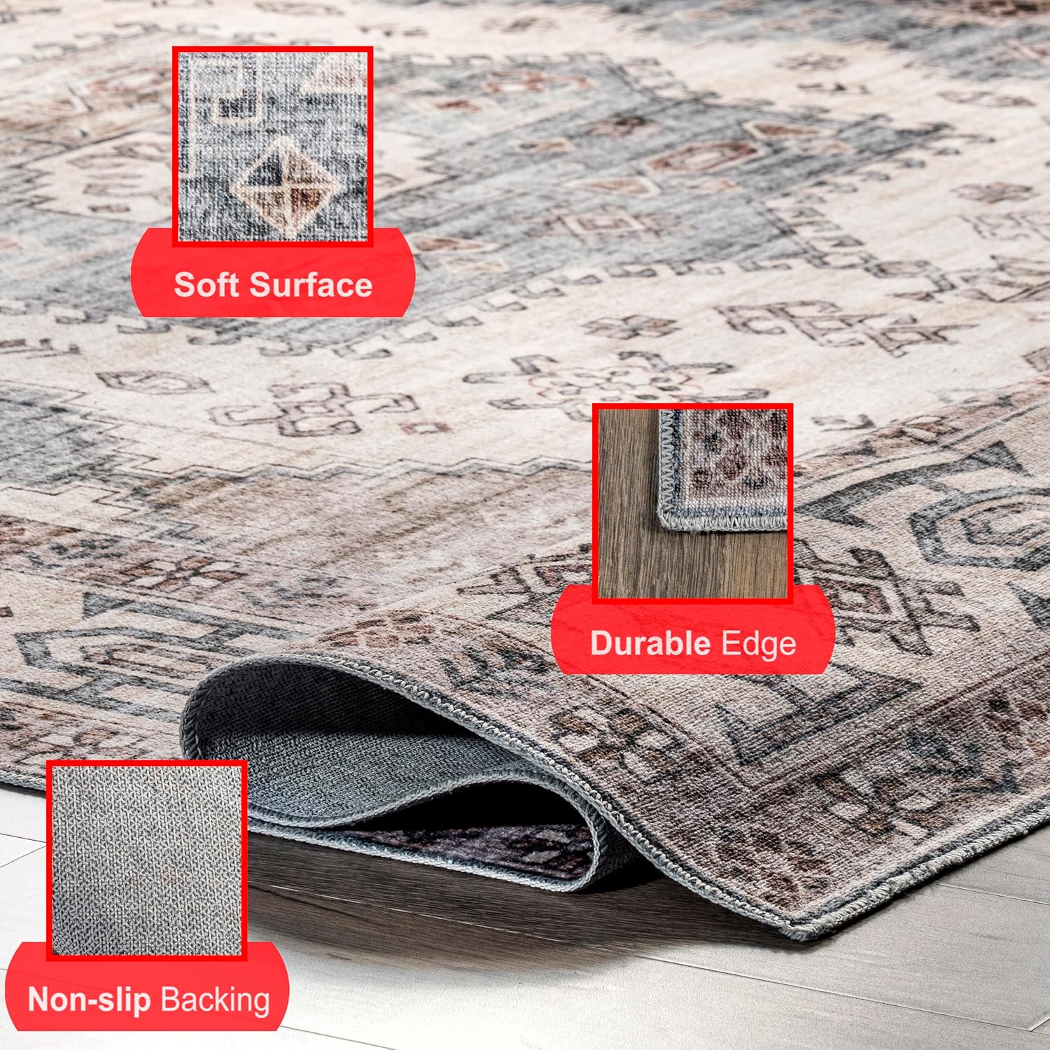 SpinClean Alfombra de área lavable a máquina, resistente a las manchas con base