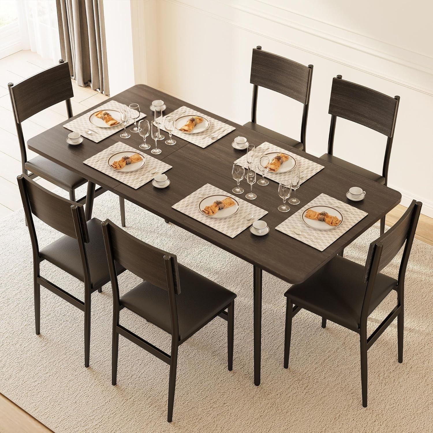 Juego de mesa de comedor extensible de 7 piezas con 6 sillas acolchadas, juego