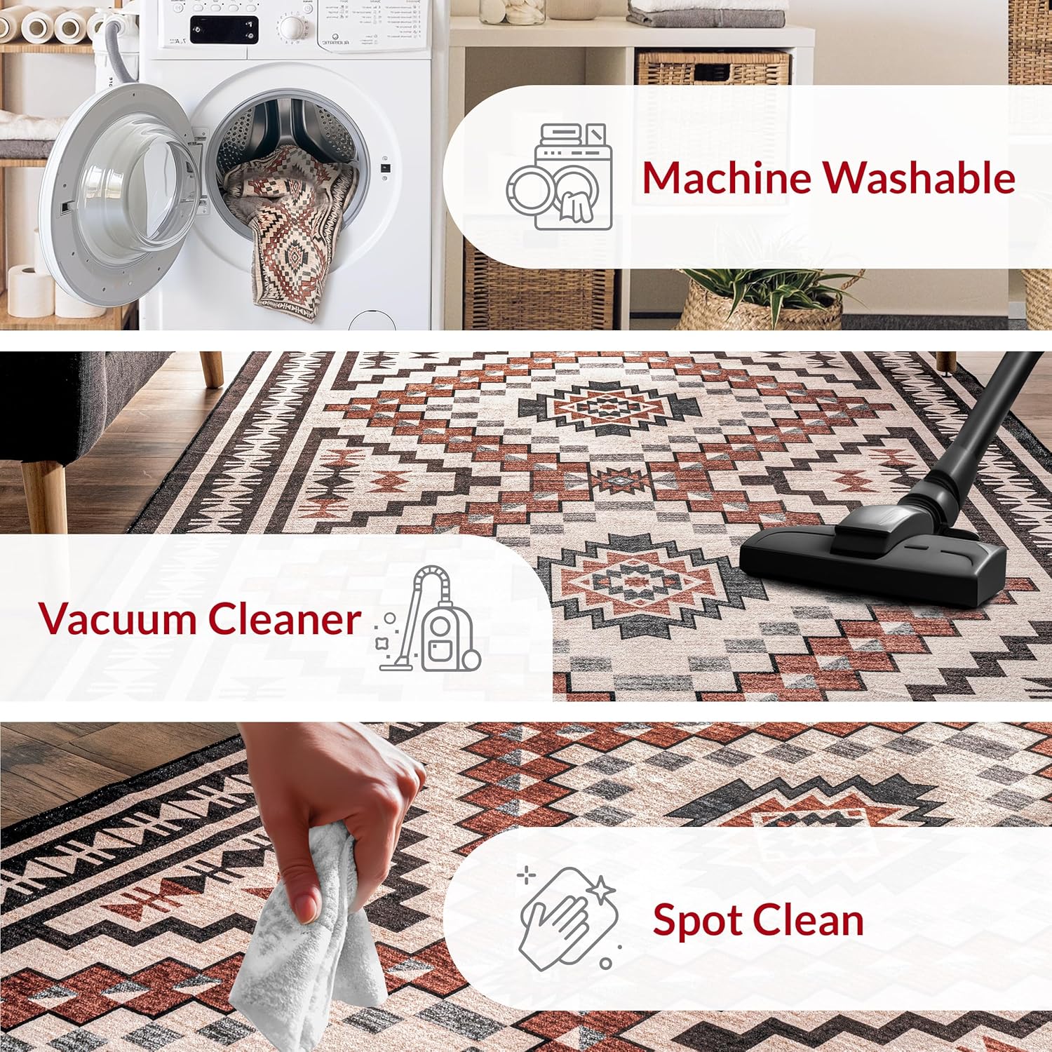 SpinClean Alfombra de área lavable a máquina, resistente a las manchas con