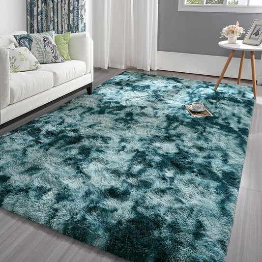 Pettop Alfombra mullida de teñido anudado azul pavo real para dormitorio, sala...