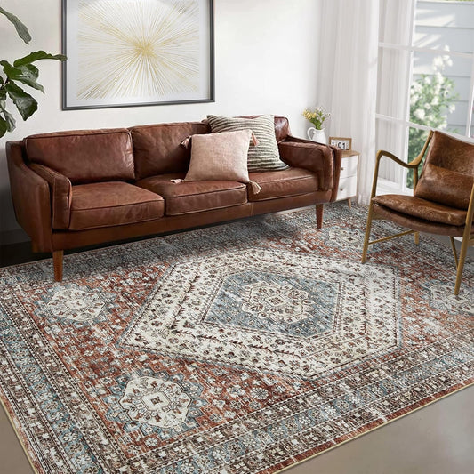 Alfombra bohemia lavable de 5 x 7, ultrafina, colección antigua, resistente a...