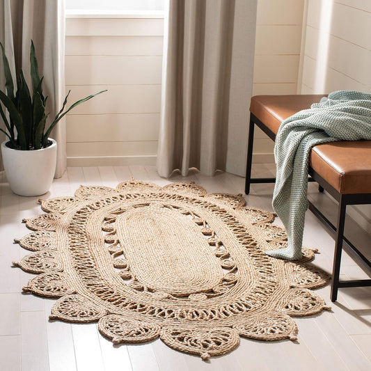 NFB251A Alfombra ovalada de 4 x 6 pies, natural, hecha a mano, estilo bohemio
