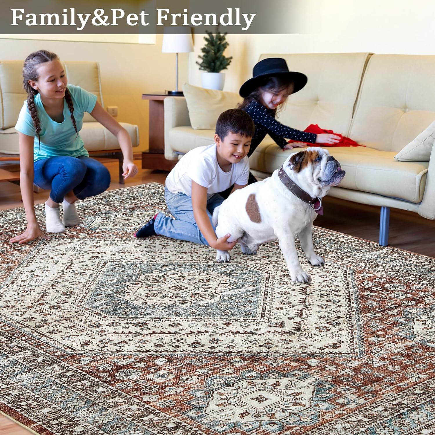 Alfombra bohemia lavable de 5 x 7, ultrafina, colección antigua, resistente a...