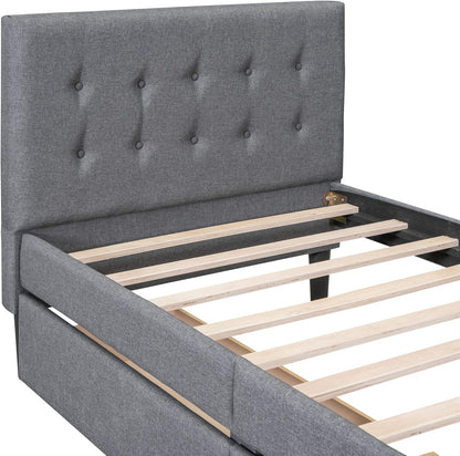 Cama de plataforma tapizada de tamaño individual con cajones de almacenamiento,