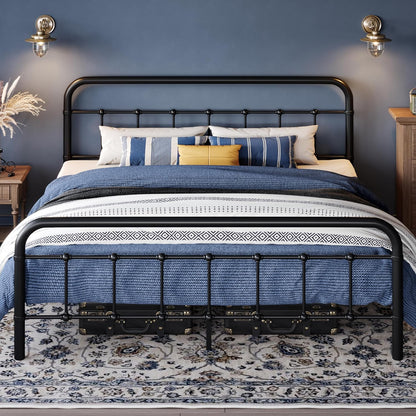 Base de cama de metal tamaño Queen con cabecera curvada de hierro forjado,