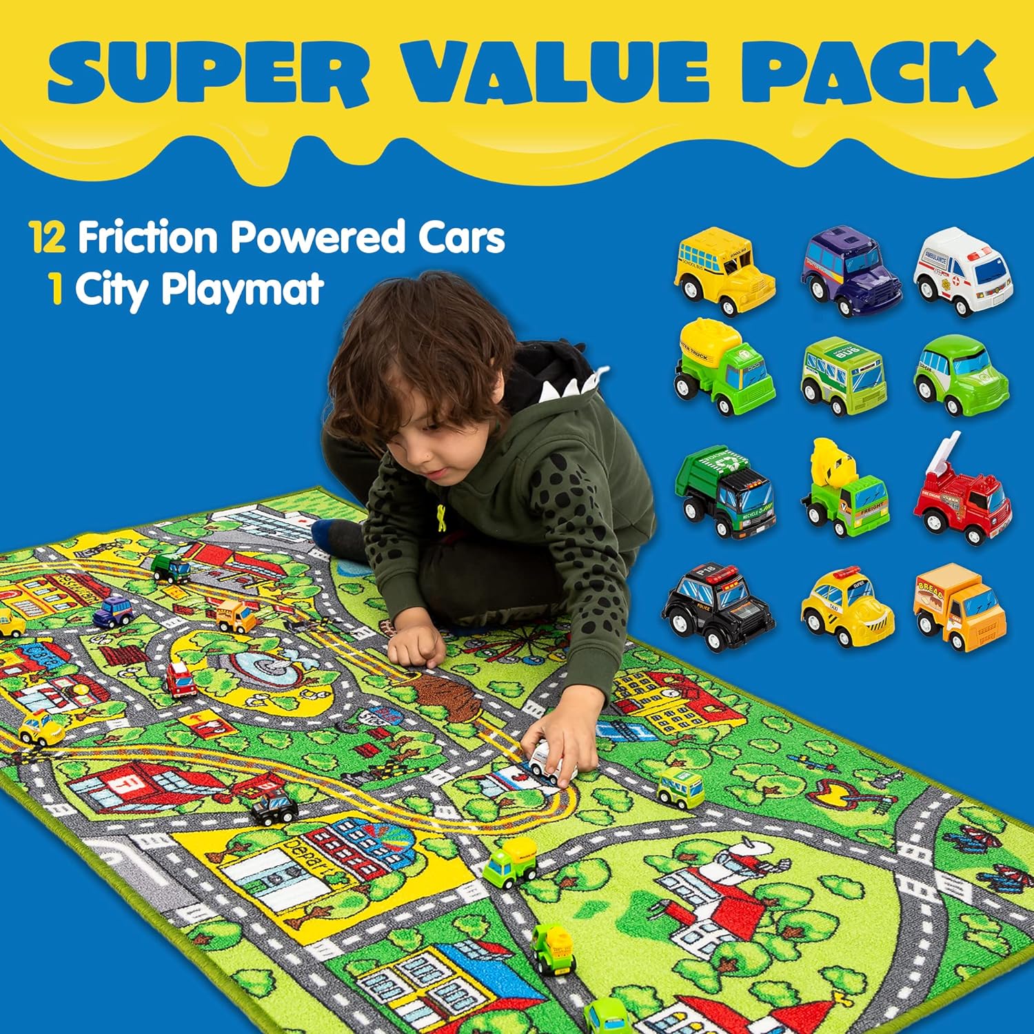 JOYIN Alfombra de juego con 12 coches de tracción trasera para niños a partir...