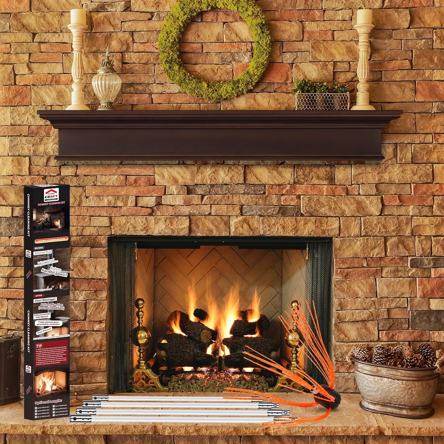 Kit de limpieza de chimenea de 33 pies, kit de limpieza de chimenea con 10...