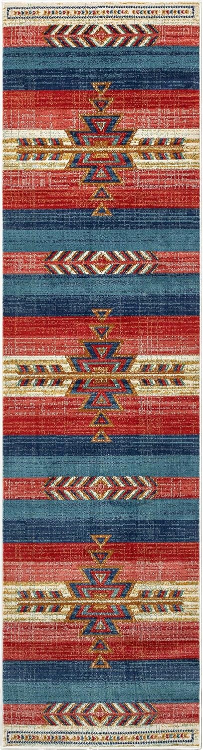 Alfombra con medallón tribal del suroeste en azul cantón, carmesí