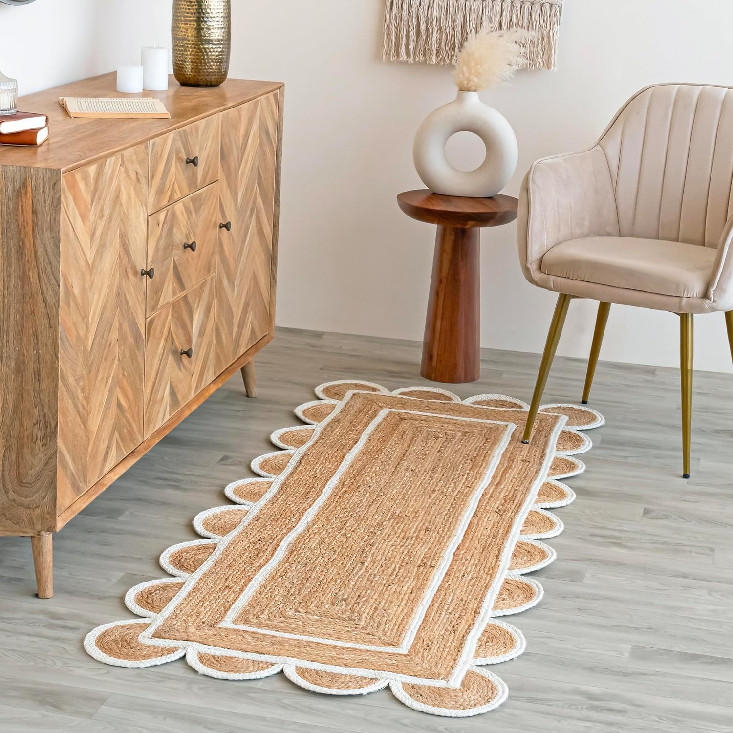 Alfombra festoneada de yute natural, base natural, borde blanco hueso, 2 pies x...