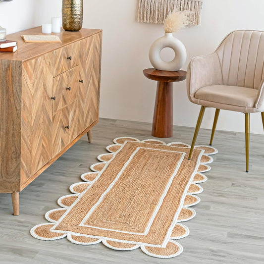 Alfombra festoneada de yute natural, base natural, borde blanco hueso, 2 pies x...
