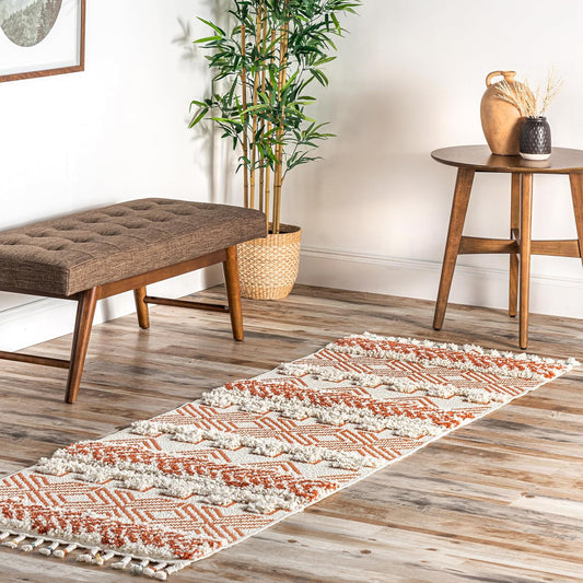 Zuri Alfombra tribal lanuda con bandas, 2 pies 6 pulgadas x 8 pies, óxido