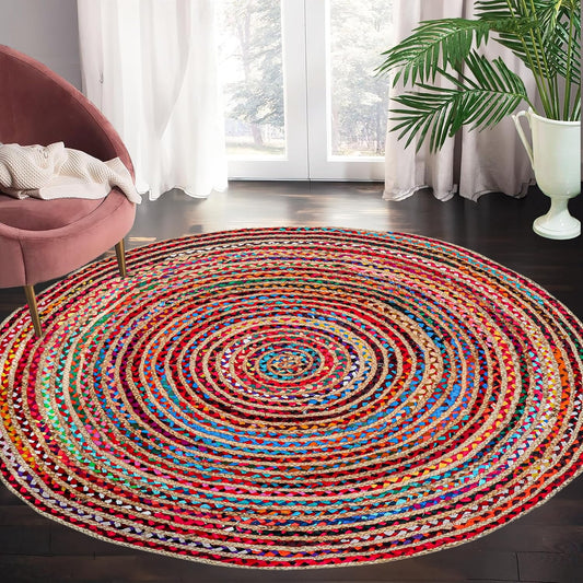 Alfombra redonda de yute tejida a mano de 7 pies - Alfombras bohemias coloridas...