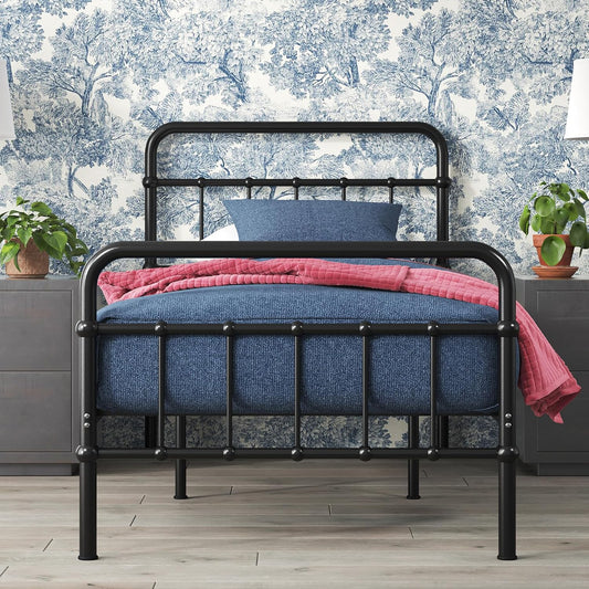 Florence Base de cama con plataforma de metal, base de colchón, no necesita