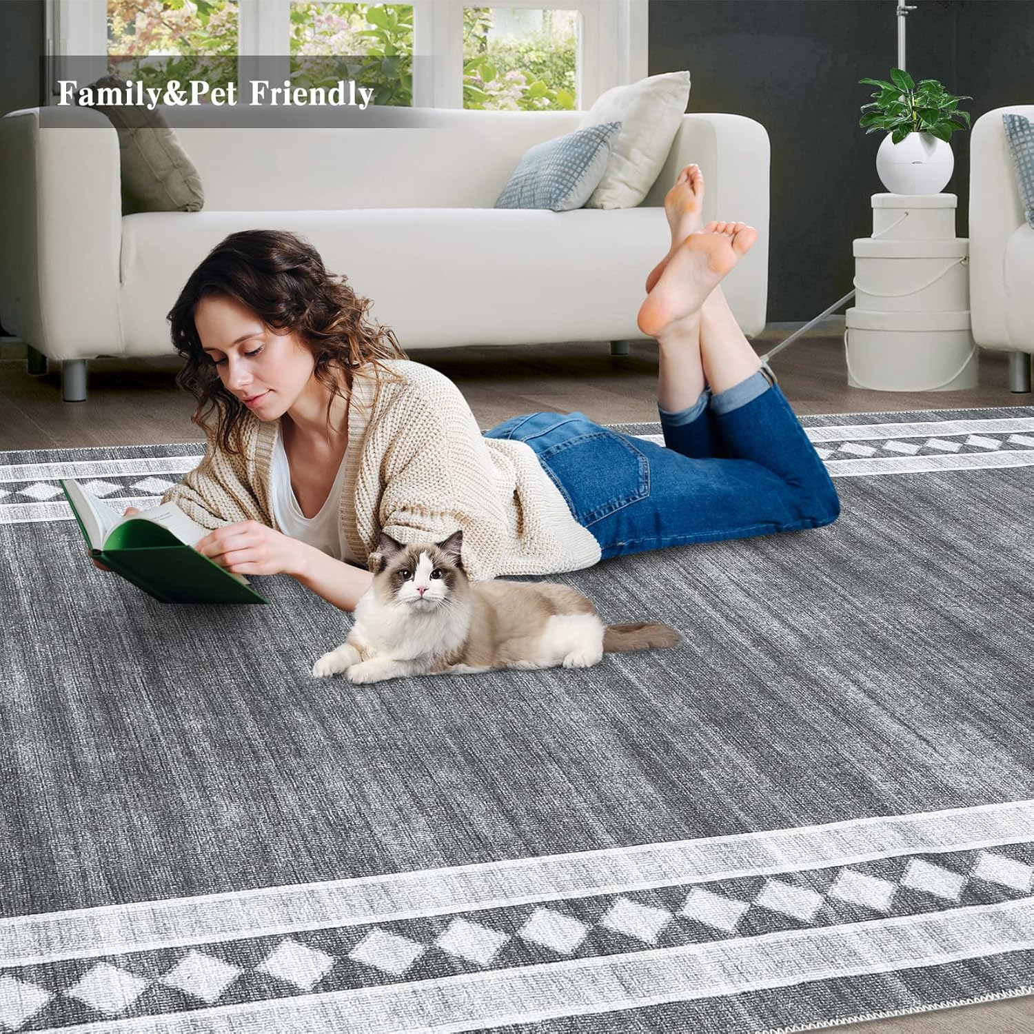 Alfombra de área lisa de 5 x 7 pies, lavable, moderna geométrica, perfecta para...