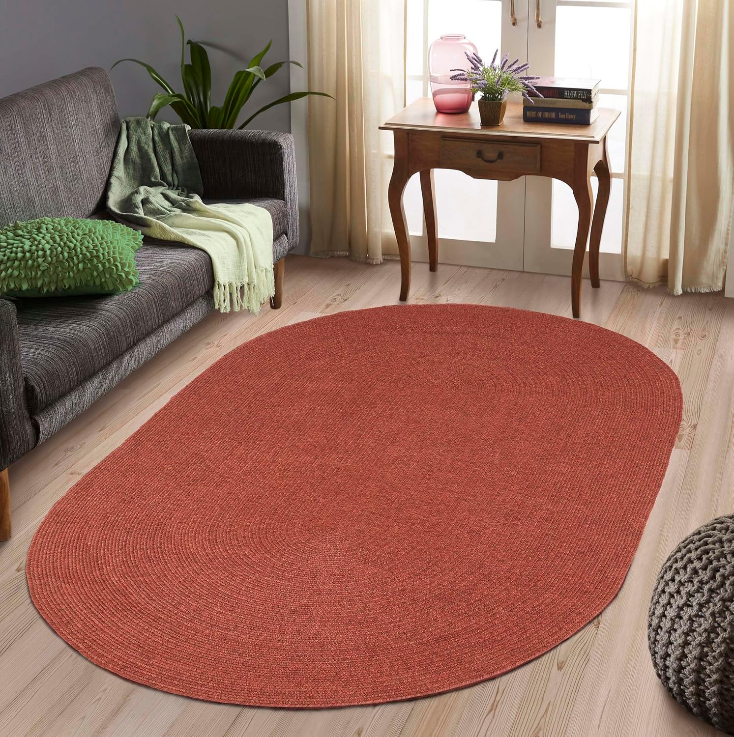 Alfombra ovalada de yute para interiores, ladrillo, 5 pies x 8 pies