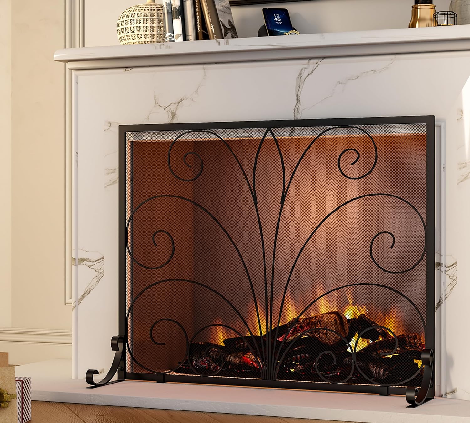 Pantalla de chimenea, malla decorativa de hierro forjado hecha a mano, malla de