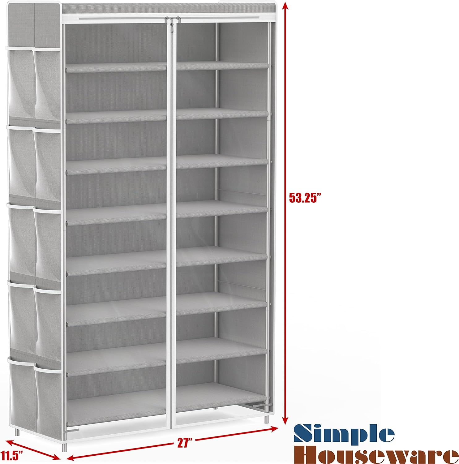 Simple Zapatero de 8 niveles con 10 bolsillos laterales colgantes y cubierta