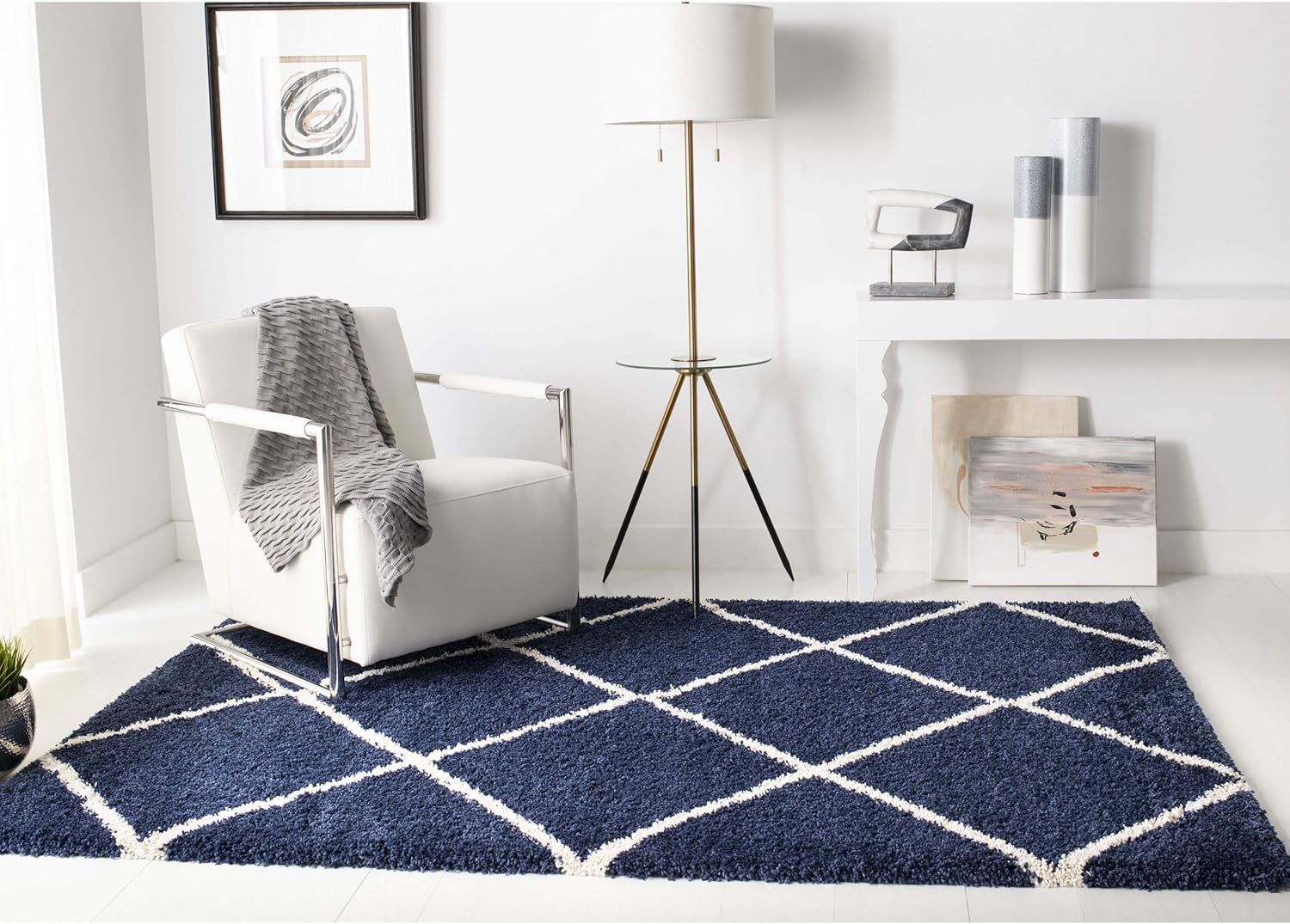 Colección Hudson Shag Alfombra decorativa, 4 x 6 pies, azul marino y marfil,
