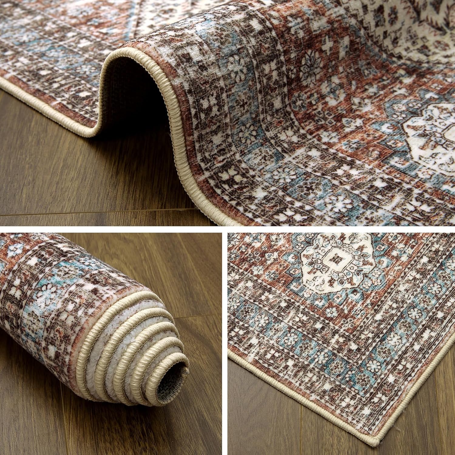 Alfombra bohemia lavable de 5 x 7, ultrafina, colección antigua, resistente a...