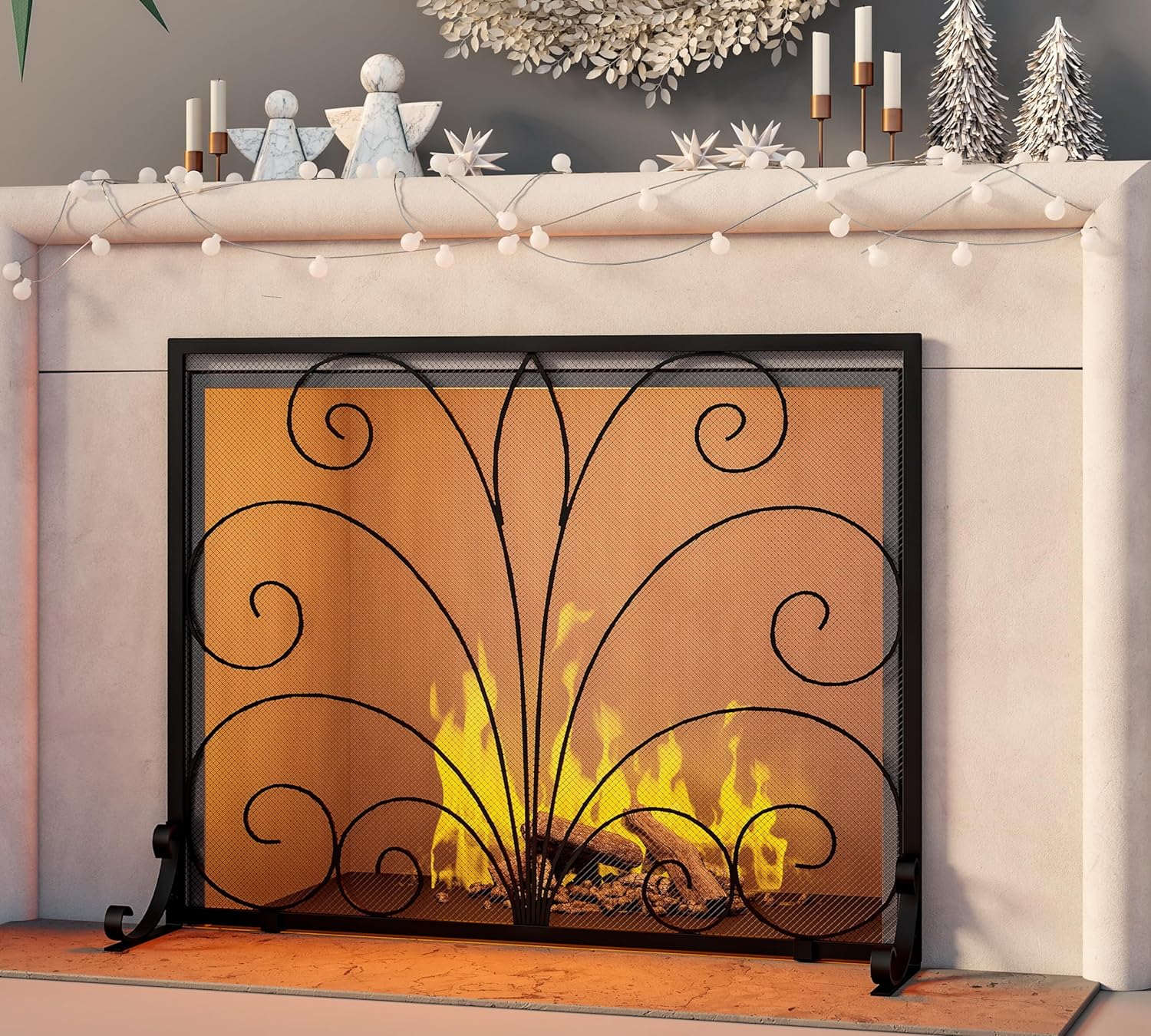 Pantalla de chimenea, malla decorativa de hierro forjado hecha a mano, malla de