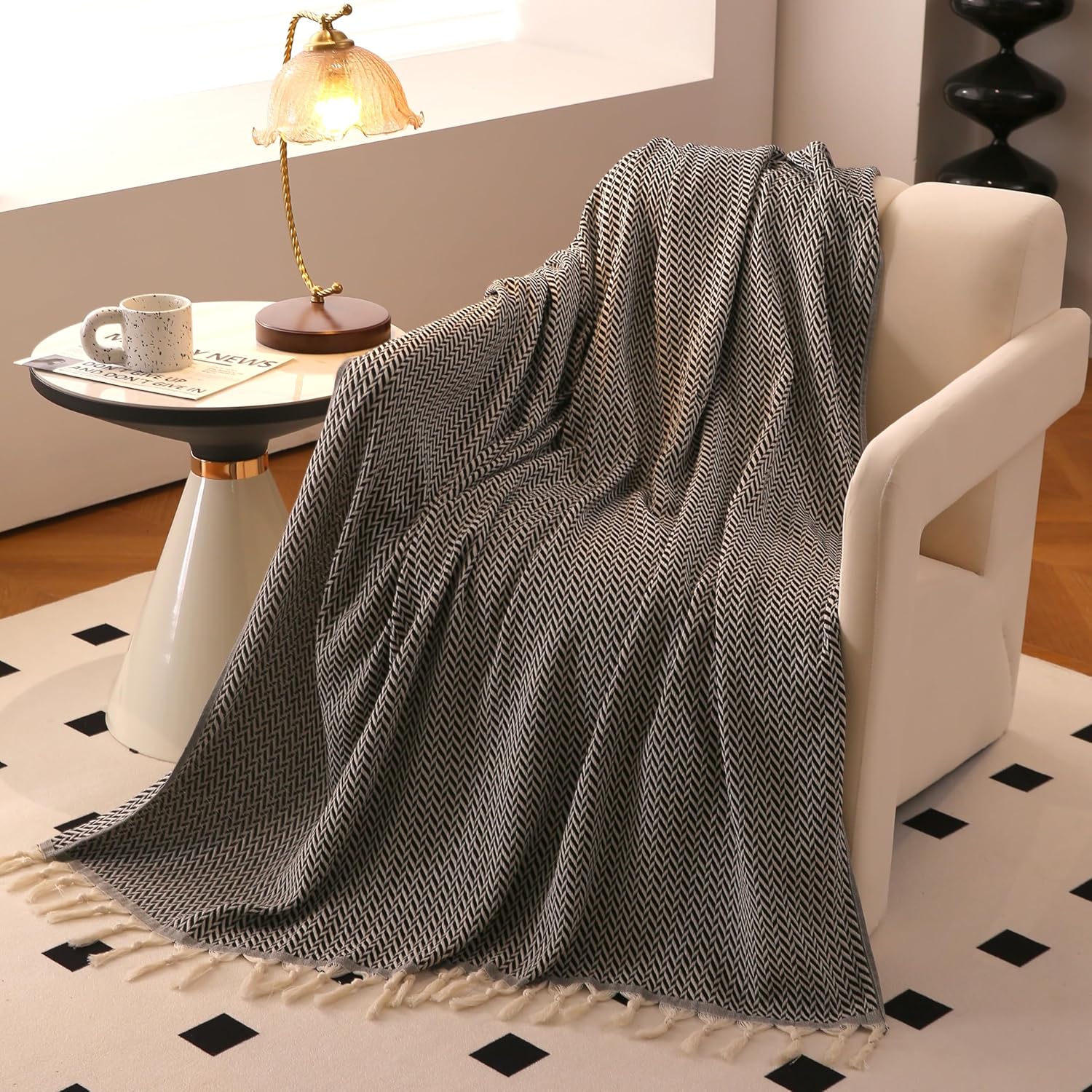 Peshtemania Manta bohemia de algodón prémium de 50 x 60 pulgadas, color blanco...