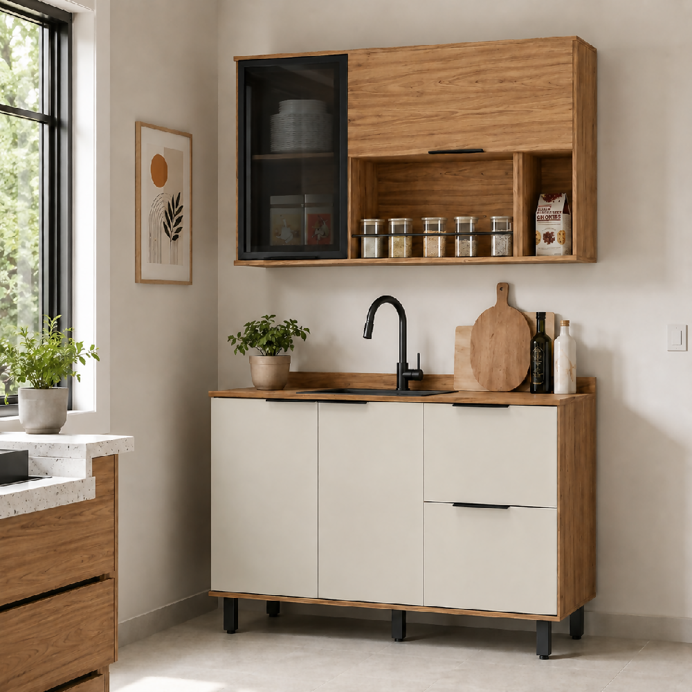 Cocina 120 cm Malta 3 Puertas 2 Cajones - Natural/Blanco Apagado