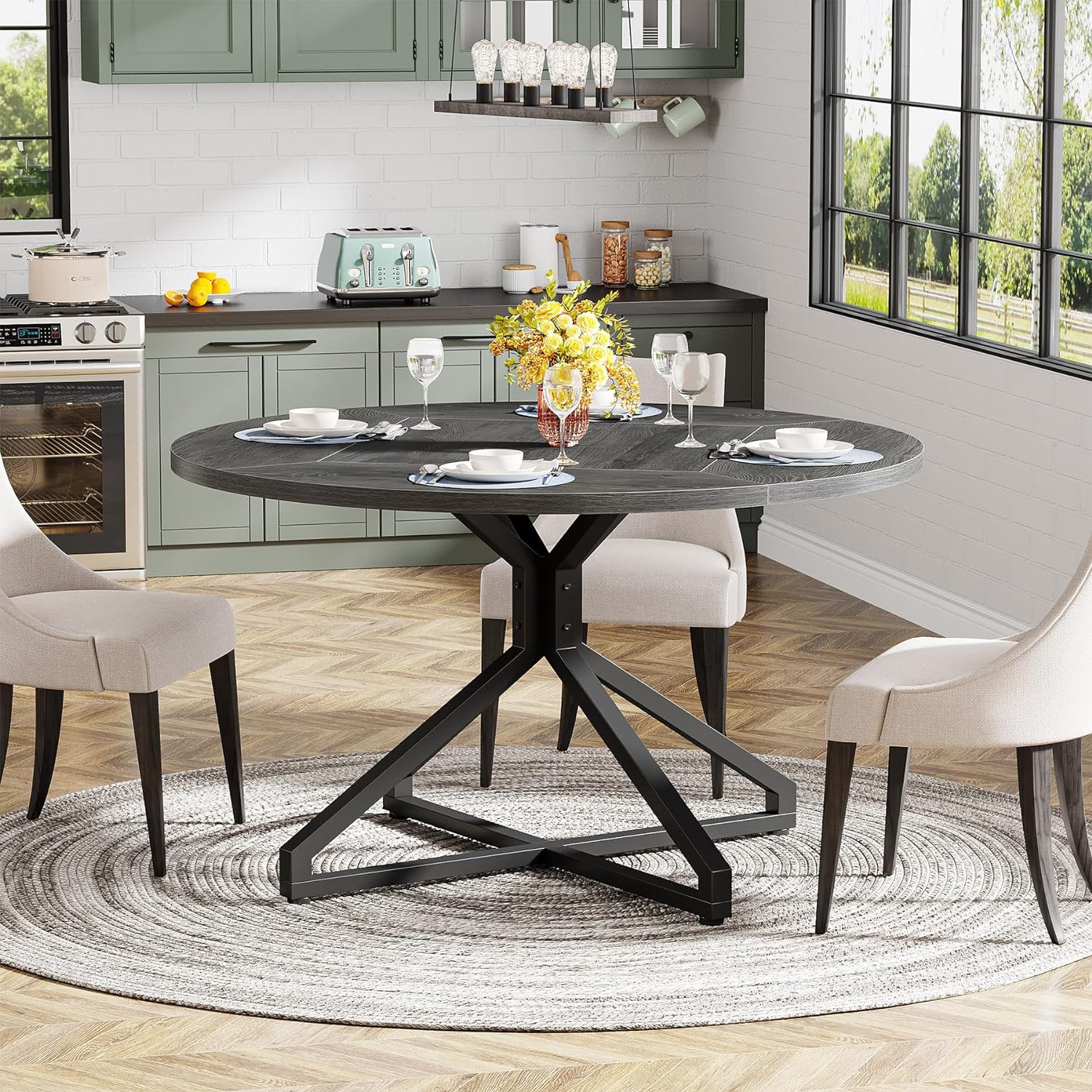 Round Dining Table for 4-6 People, 47-Inch Circle Kitchen Table Dining Room