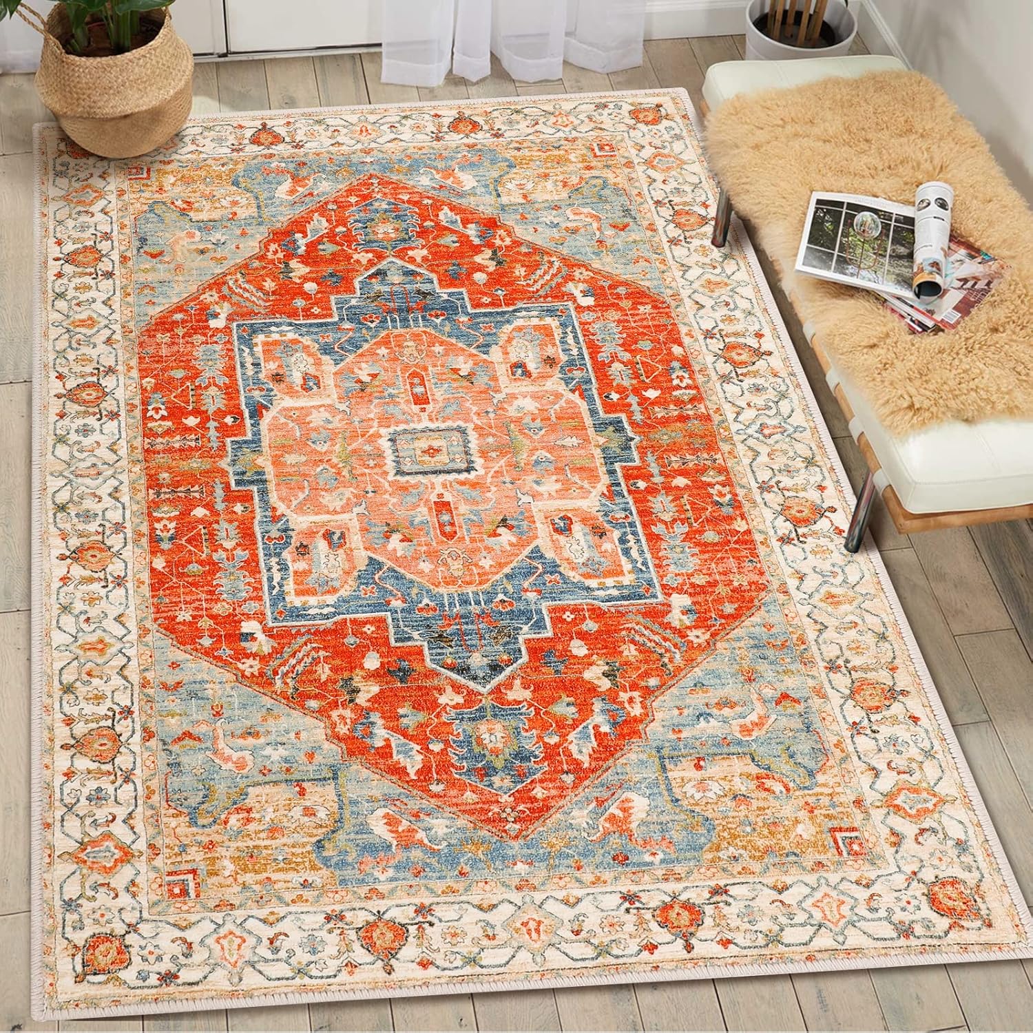 Alfombra bohemia de 3 x 5 pies, lavable, vintage, para interiores, con...