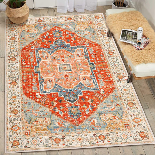 Alfombra bohemia de 3 x 5 pies, lavable, vintage, para interiores, con...