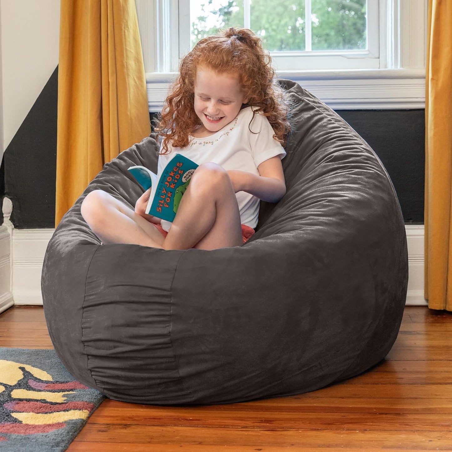 Bean Bags Cocoon Junior Puf de microgamuza para niños, 4 pies, color carbón