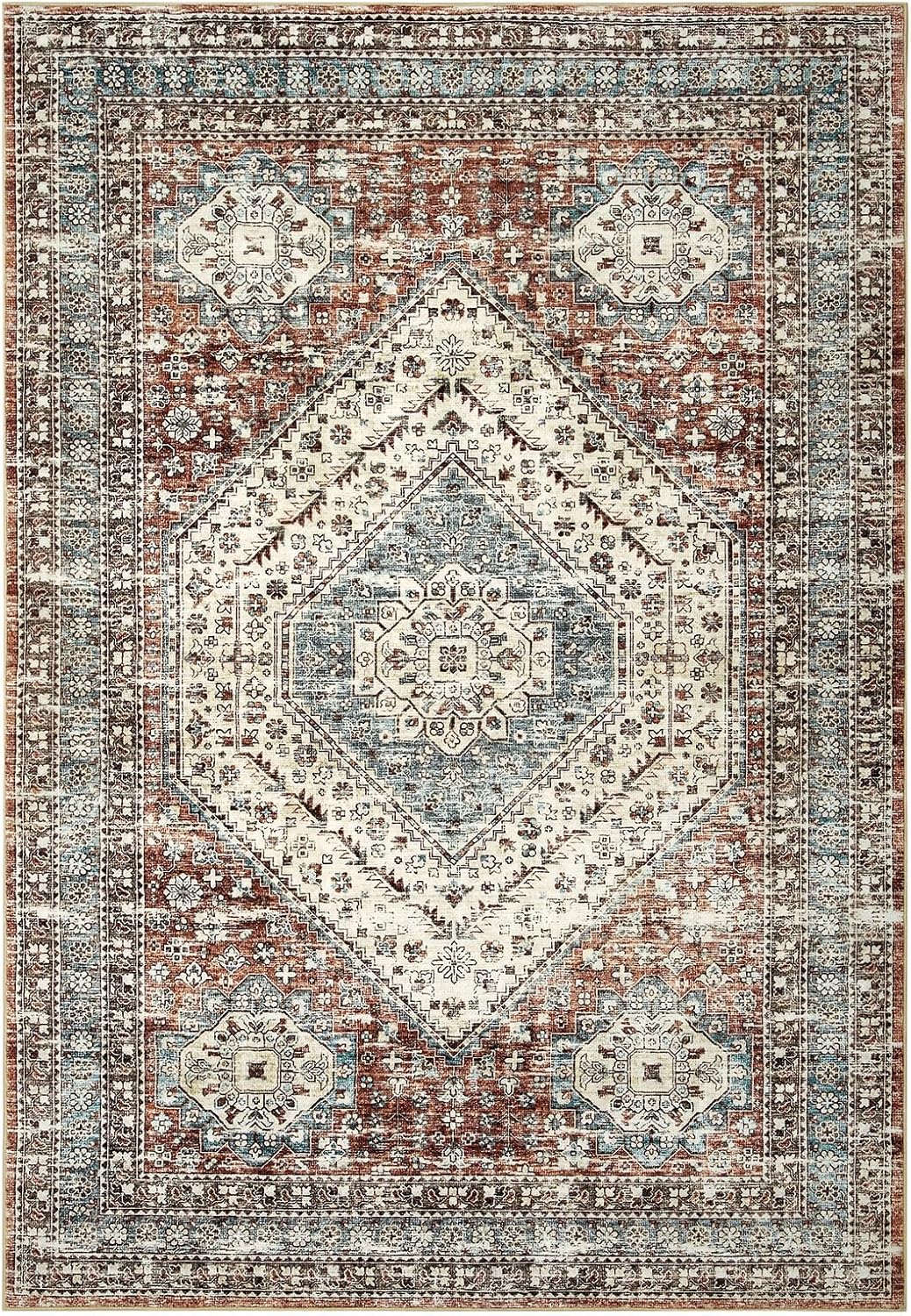 Alfombra bohemia lavable de 5 x 7, ultrafina, colección antigua, resistente a...