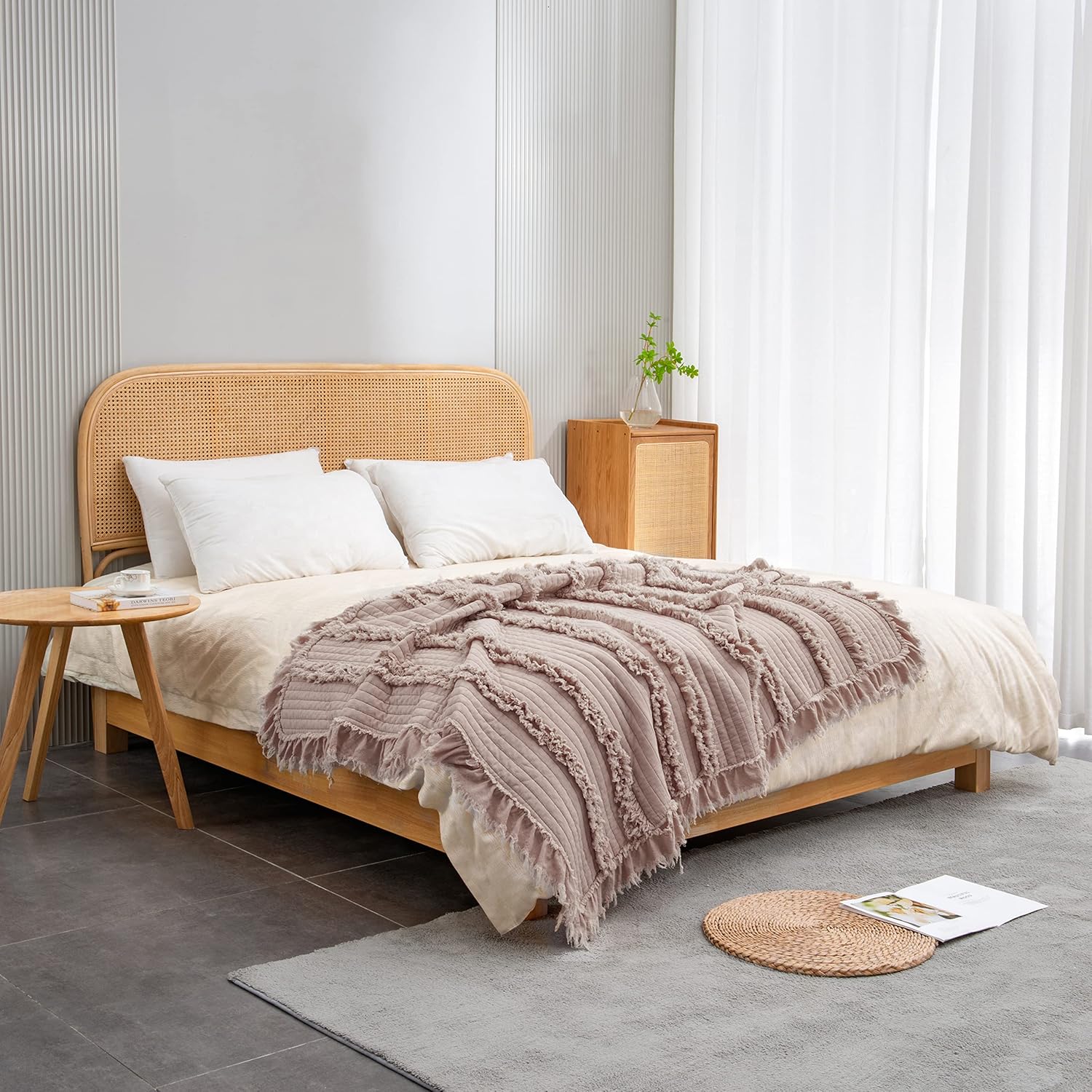 Manta acolchada ultra suave prelavada, manta decorativa rosa polvorienta con...