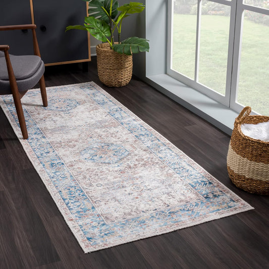 Alfombra caminera Caria lavable, antideslizante, de 1,83 m, color beige y azul