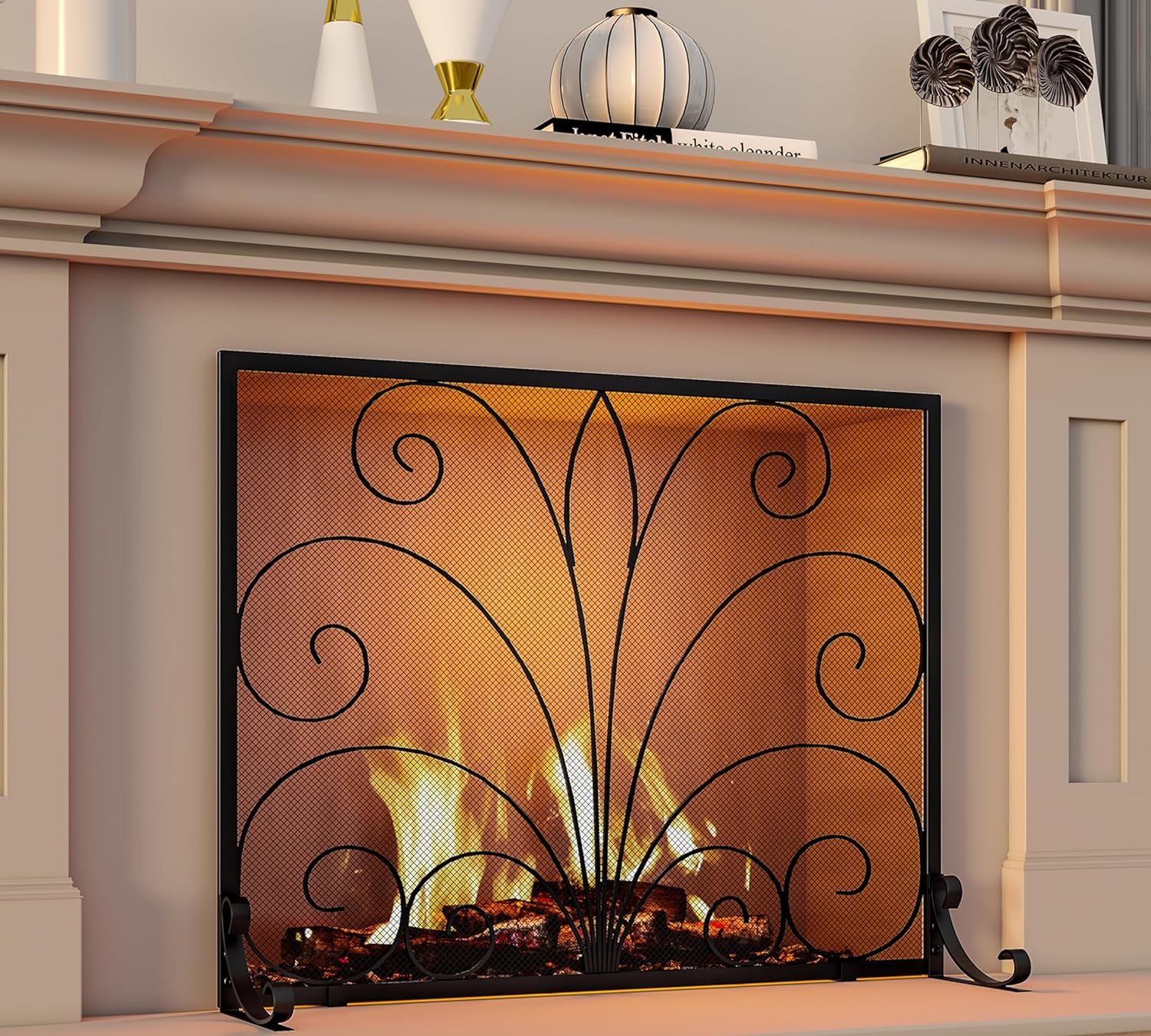 Pantalla de chimenea, malla decorativa de hierro forjado hecha a mano, malla de