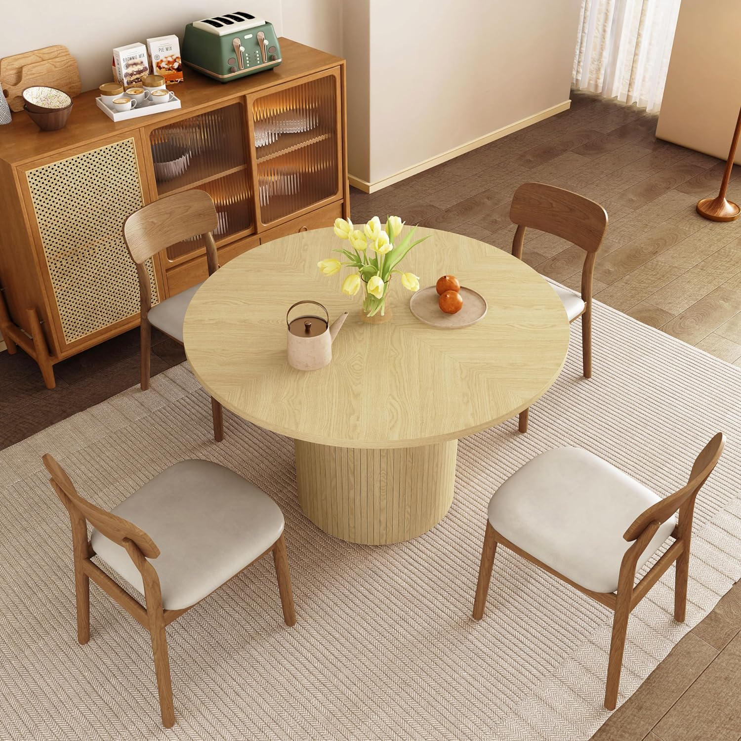 Mesa de comedor redonda para 4, moderna mesa de cocina de granja, mesas de