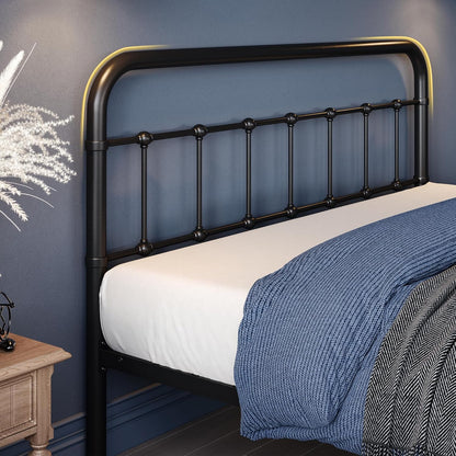 Base de cama de metal tamaño Queen con cabecera curvada de hierro forjado,