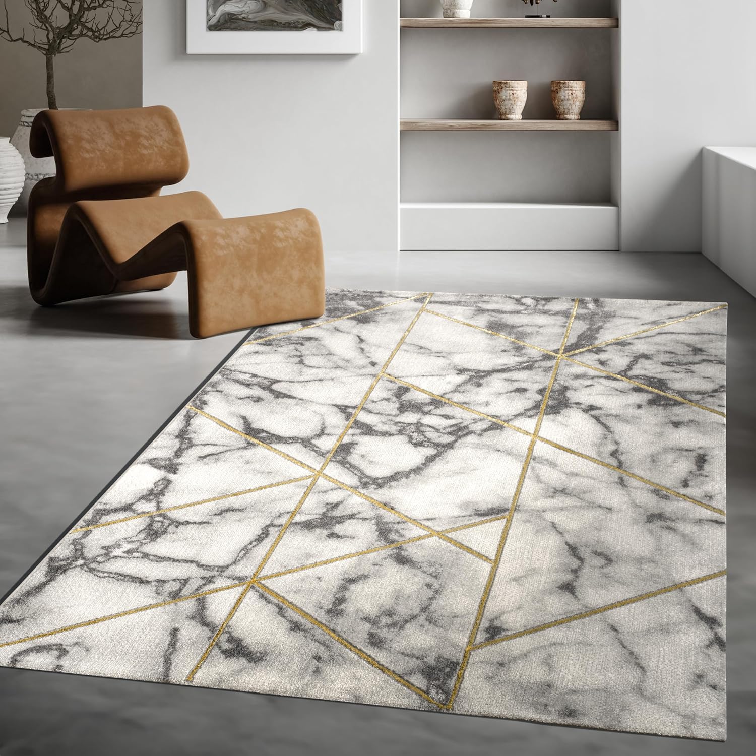 Alfombra de área moderna con patrón de mármol en gris dorado crema para sala de...