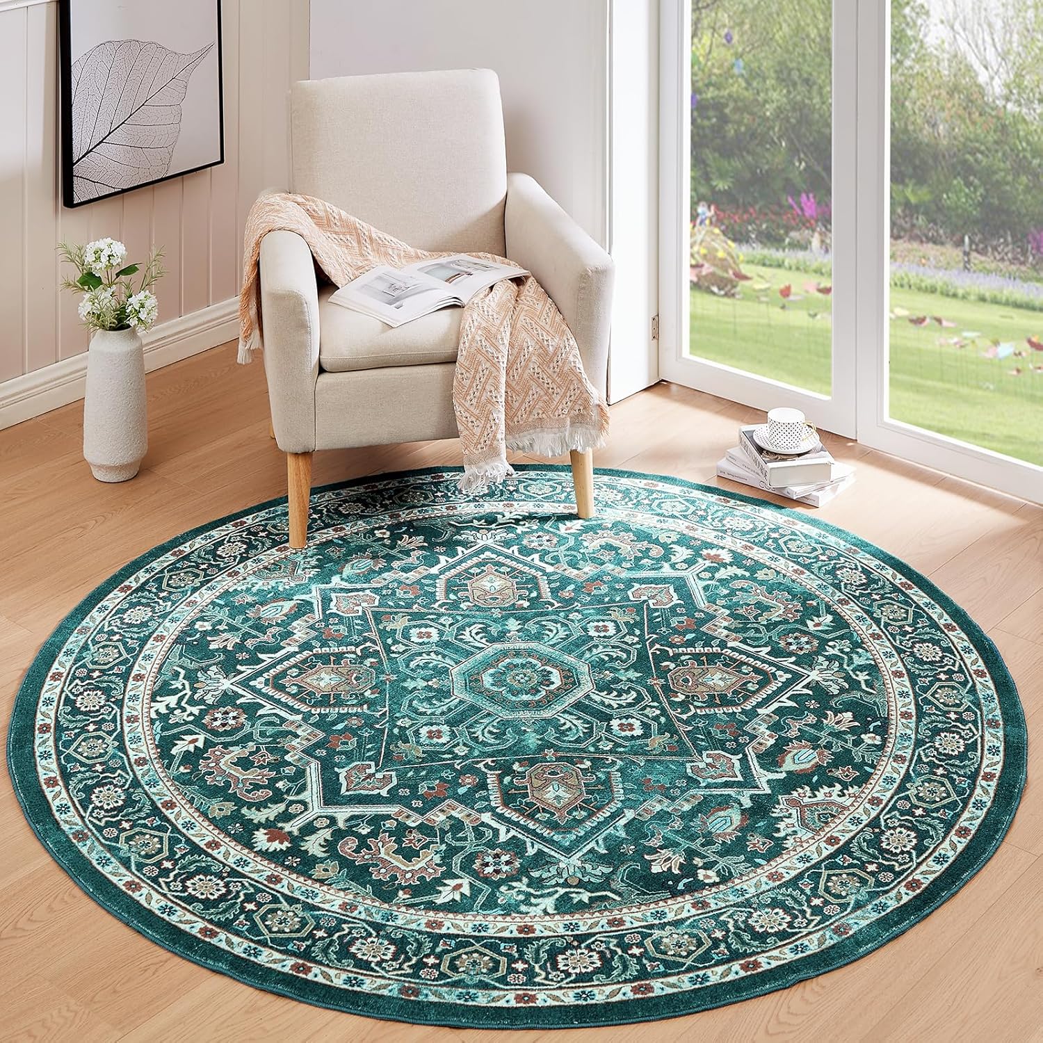 Floralux Alfombra redonda de 4 pies, alfombra circular lavable antideslizante,...